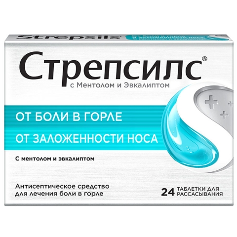 Стрепсилс таблетки для рассасывания, ментол-эвкалипт, 24 шт.