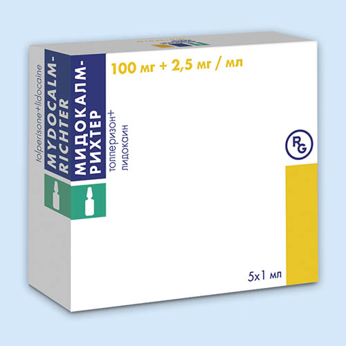 Мидокалм-Рихтер раствор для в/в и в/м введ. 100 мг+2,5 мг/мл 1 мл, 5 шт.