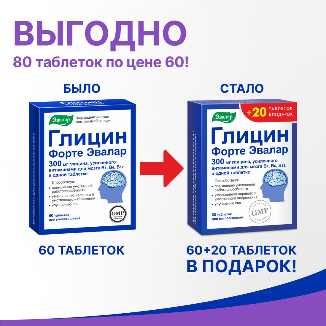 Глицин Форте Эвалар 300 мг таблетки, 60+20 шт., по 0,6г