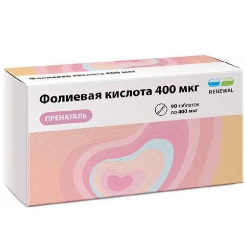 Фолиевая кислота 400 мкг пренаталь таблетки по 100 мг, 90 шт.