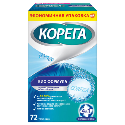 Корега Биоформула таблетки для очищения зубных протезов, 72 шт.